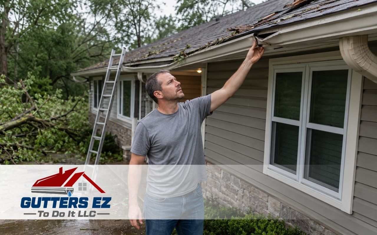 Homeowner checking how to repair gutters after summer storm damage