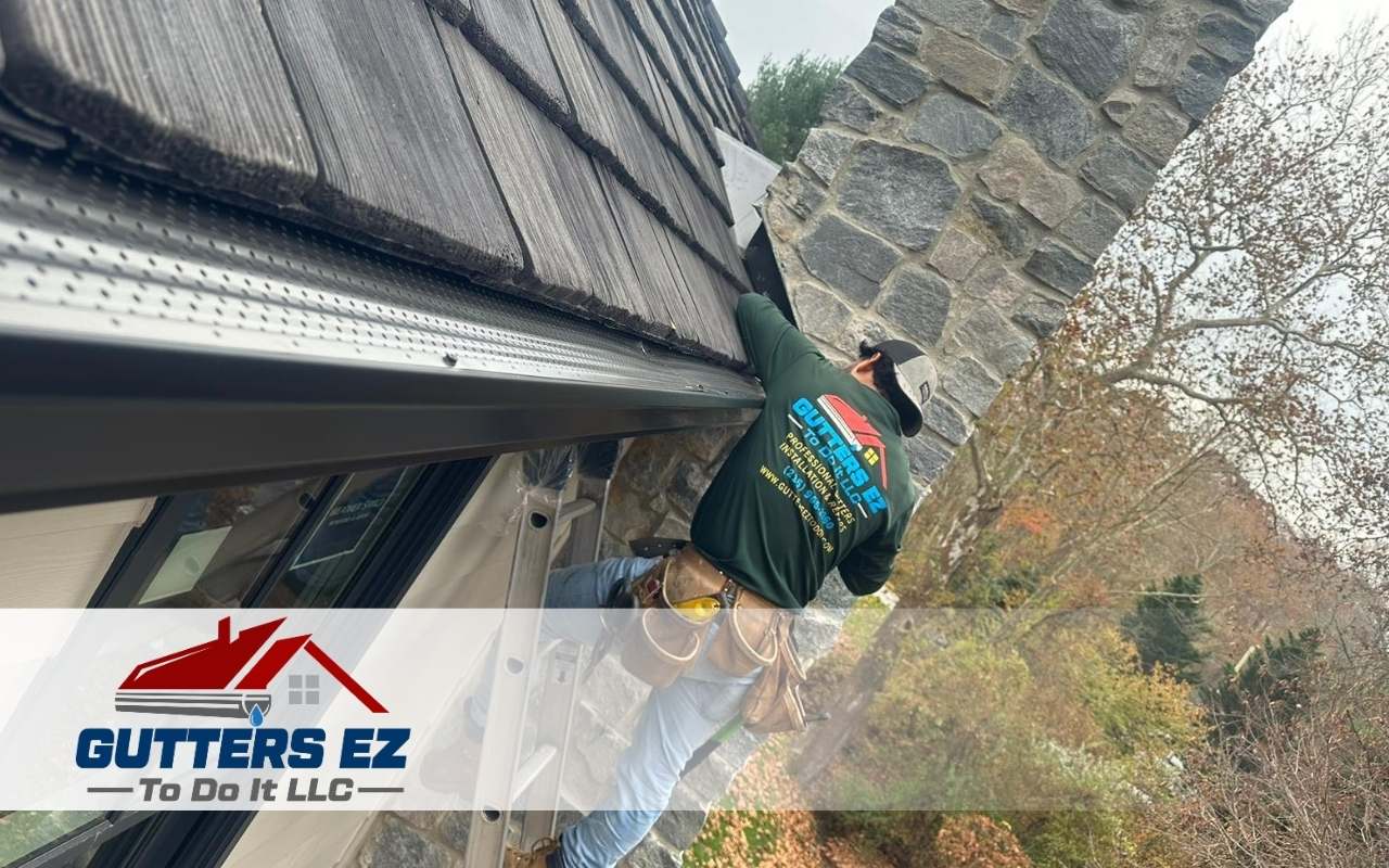 Close-up of a new gutter installation on a suburban home