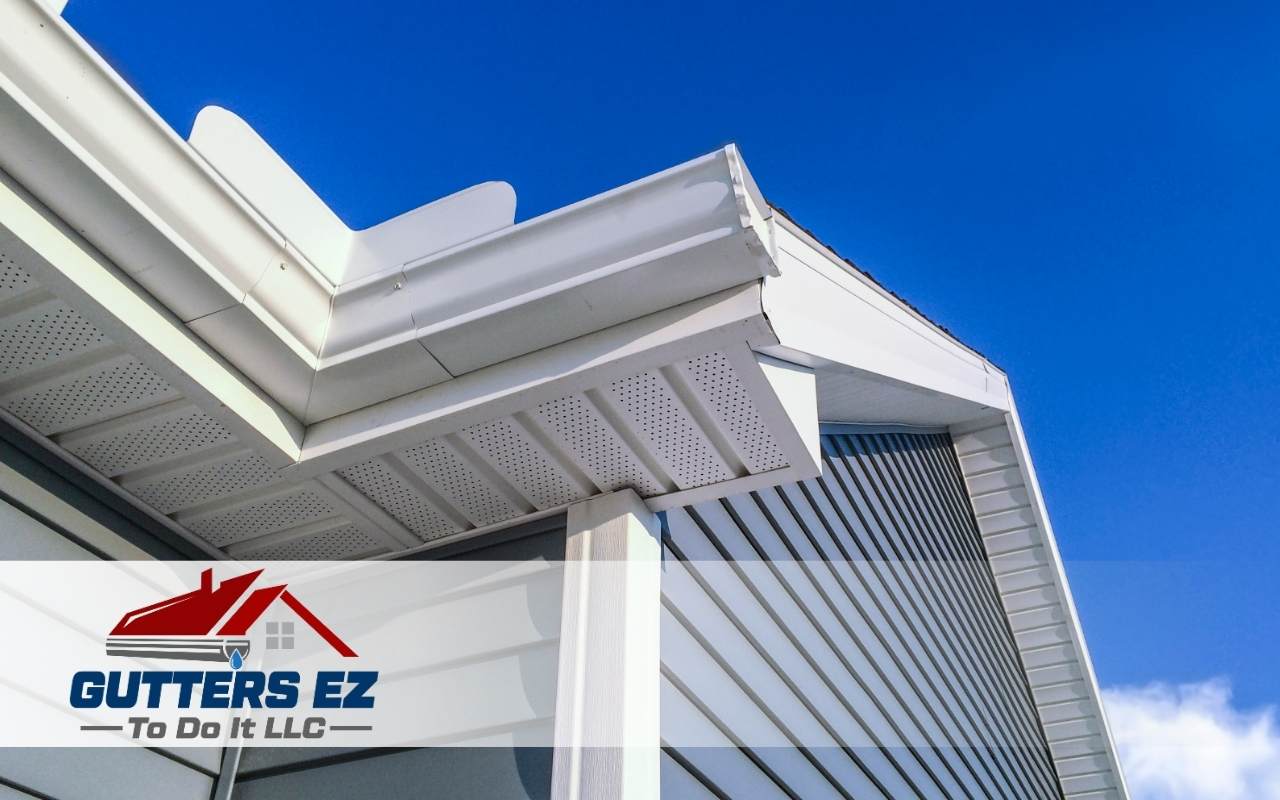 Freshly installed seamless gutter system on a suburban home