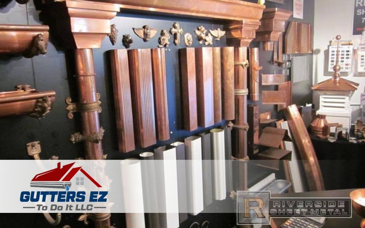 Various modern gutter materials including aluminum and copper