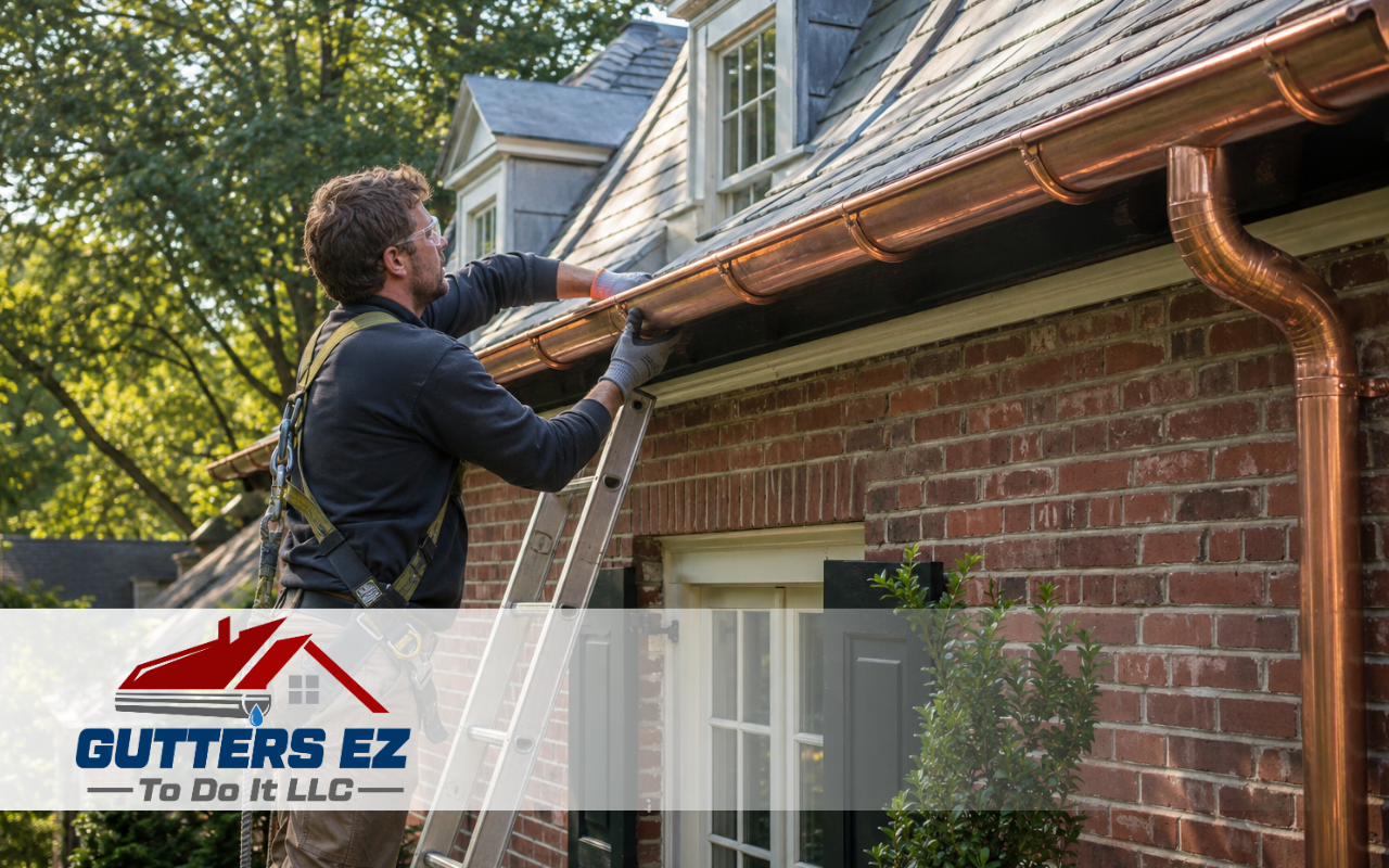 copper gutter installation in Montgomery County, PA on a brick home