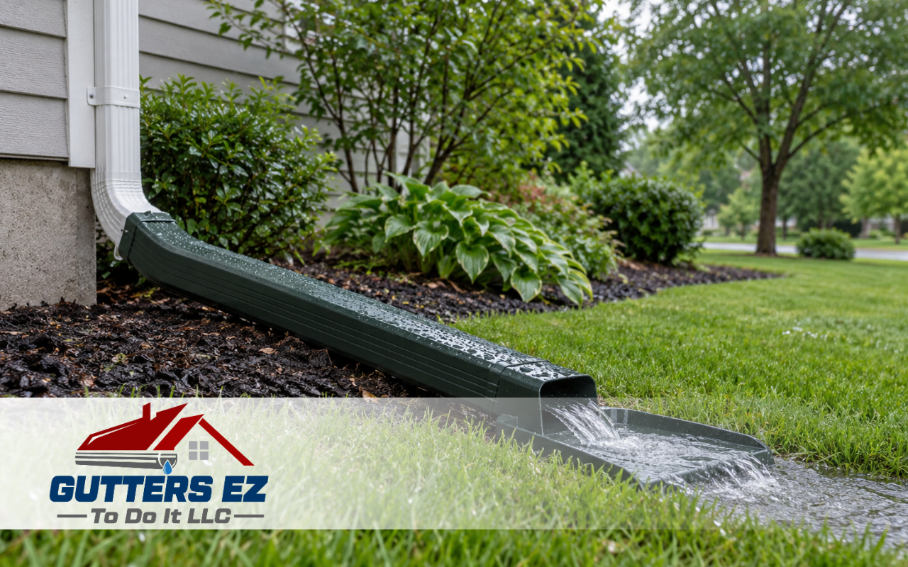 Properly placed downspout extension moving rainwater away from a home foundation