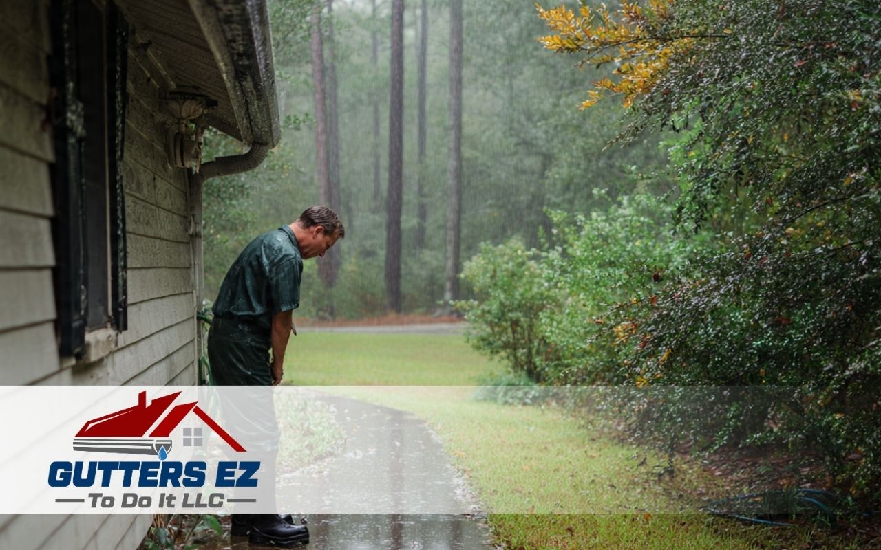 Homeowner checking downspout extension placement and runoff direction before winter in Pennsylvania