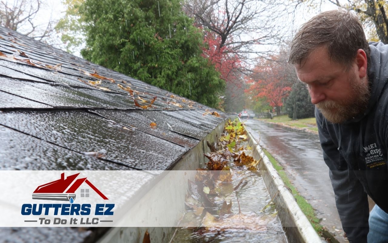 Homeowner checking post-storm gutter damage signs along the gutter line after heavy rain