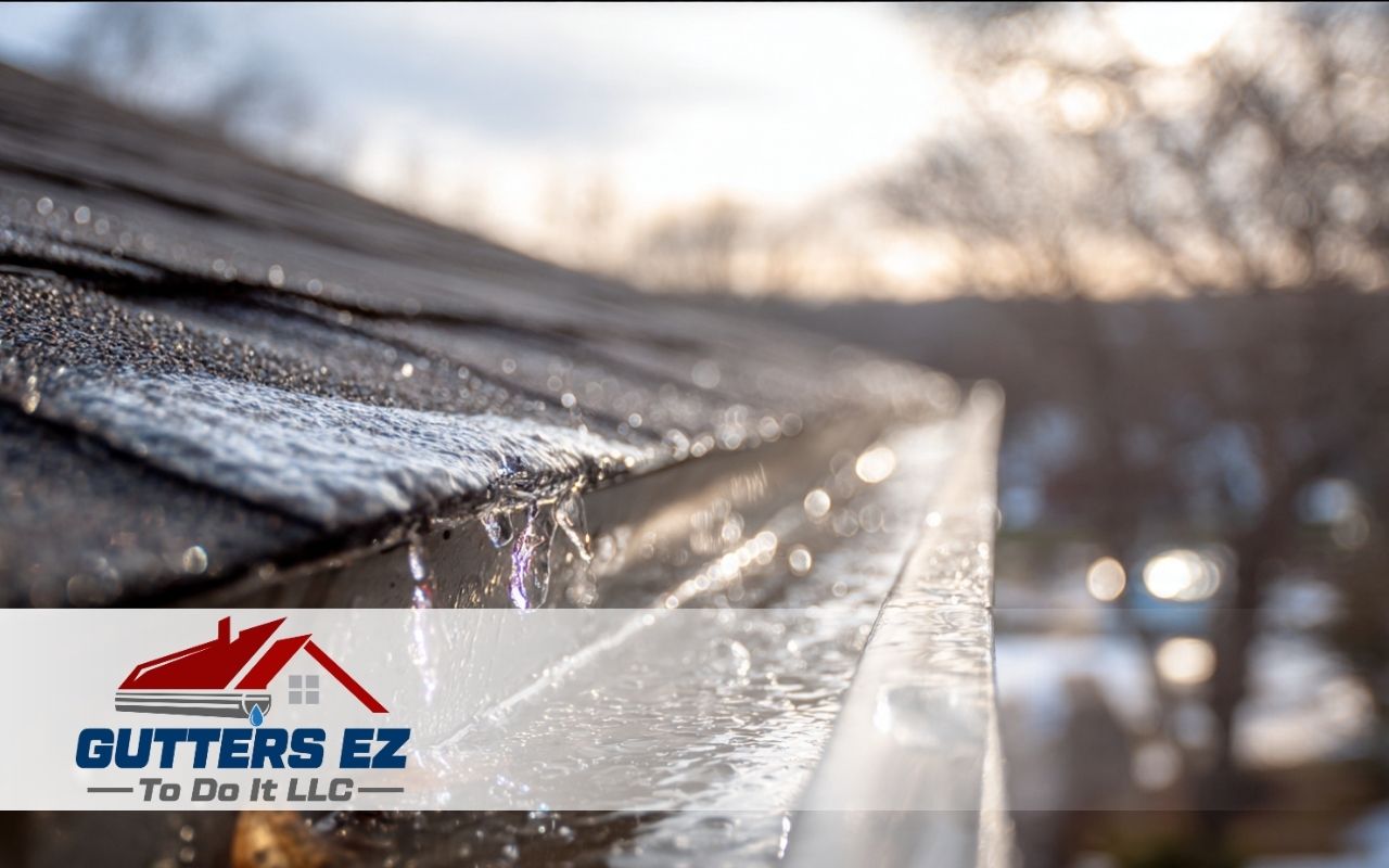 Early spring gutter inspection checklist view of gutters after winter thaw.