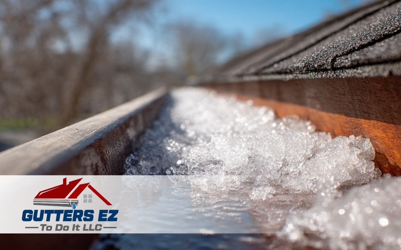 Post-winter gutter guard cleaning tips showing a gentle micro-mesh rinse on a gutter guard