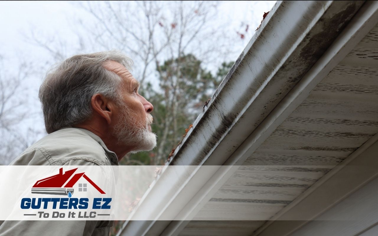 Homeowner checking gutter slope problems after winter near the roof edge