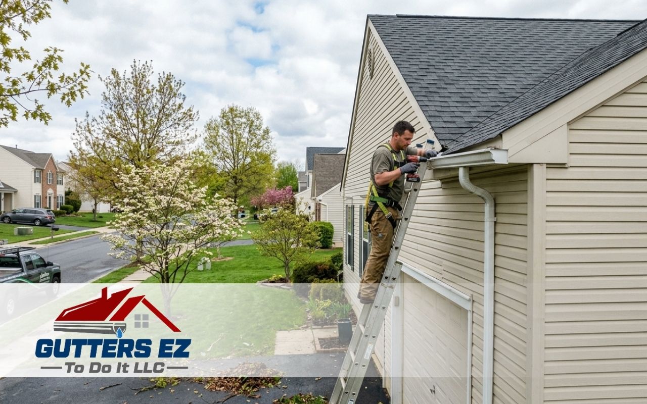 gutter repair after spring storms in Montgomery County, PA on a residential home
