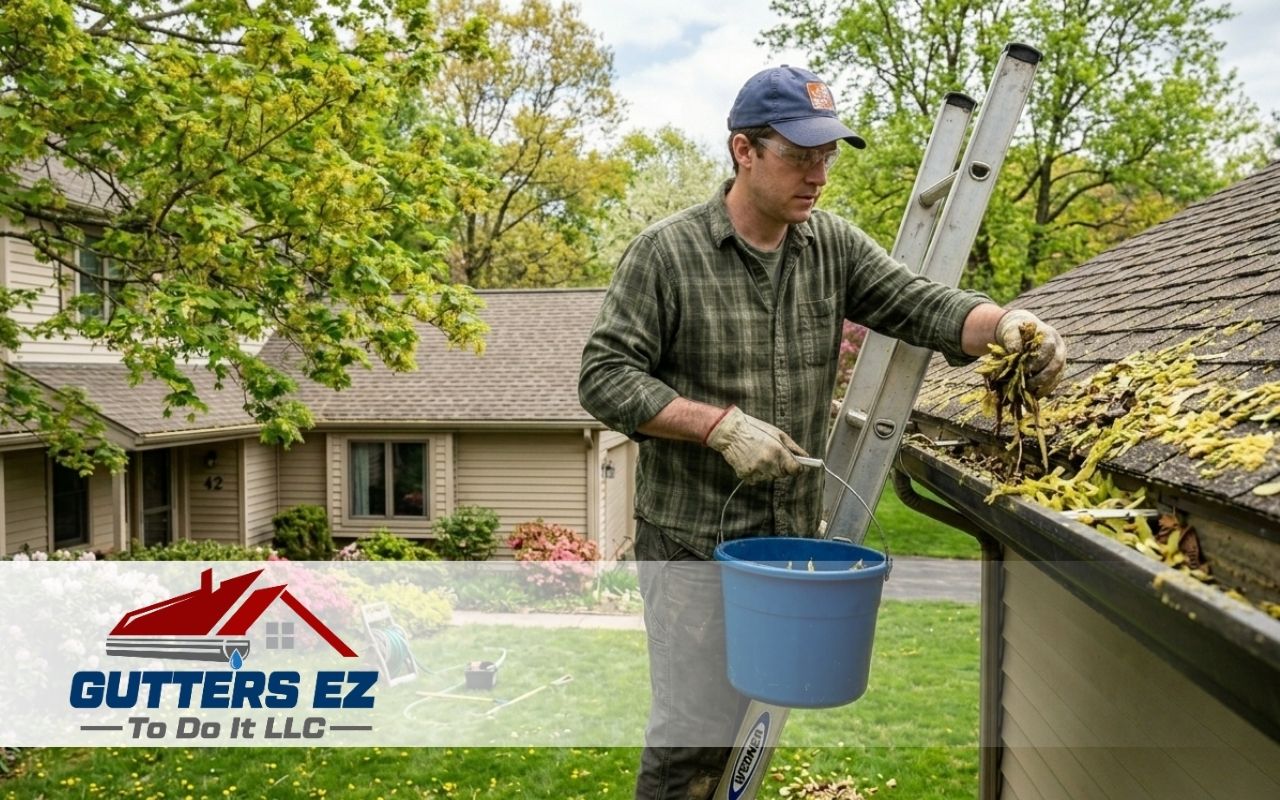 Homeowner cleaning pollen and seed pods in gutters during spring