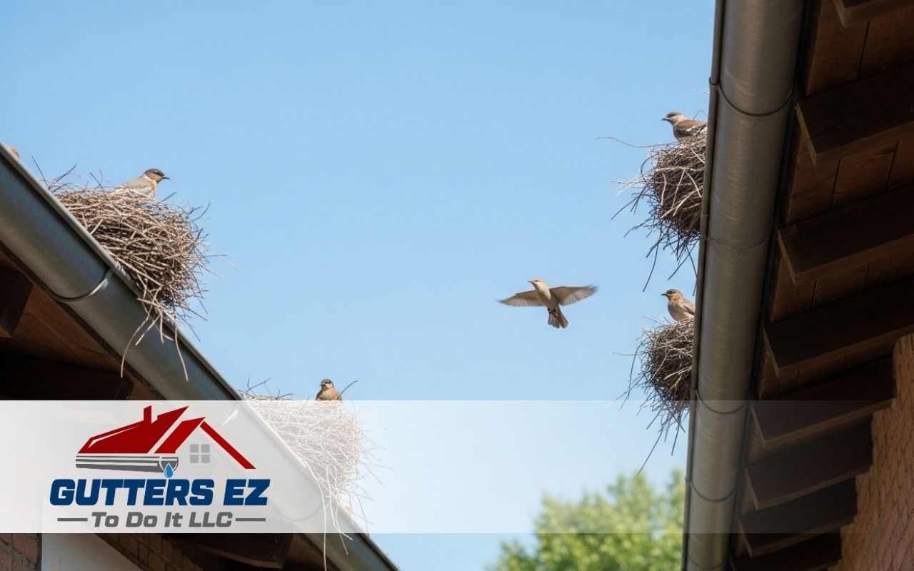 Birds nesting in gutters, spring garden care near a home