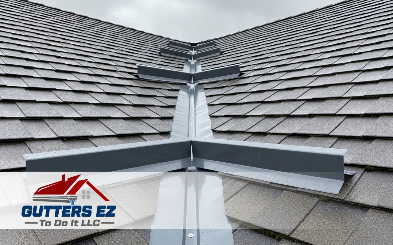 Splash guards for roof valleys installed to control heavy rain runoff