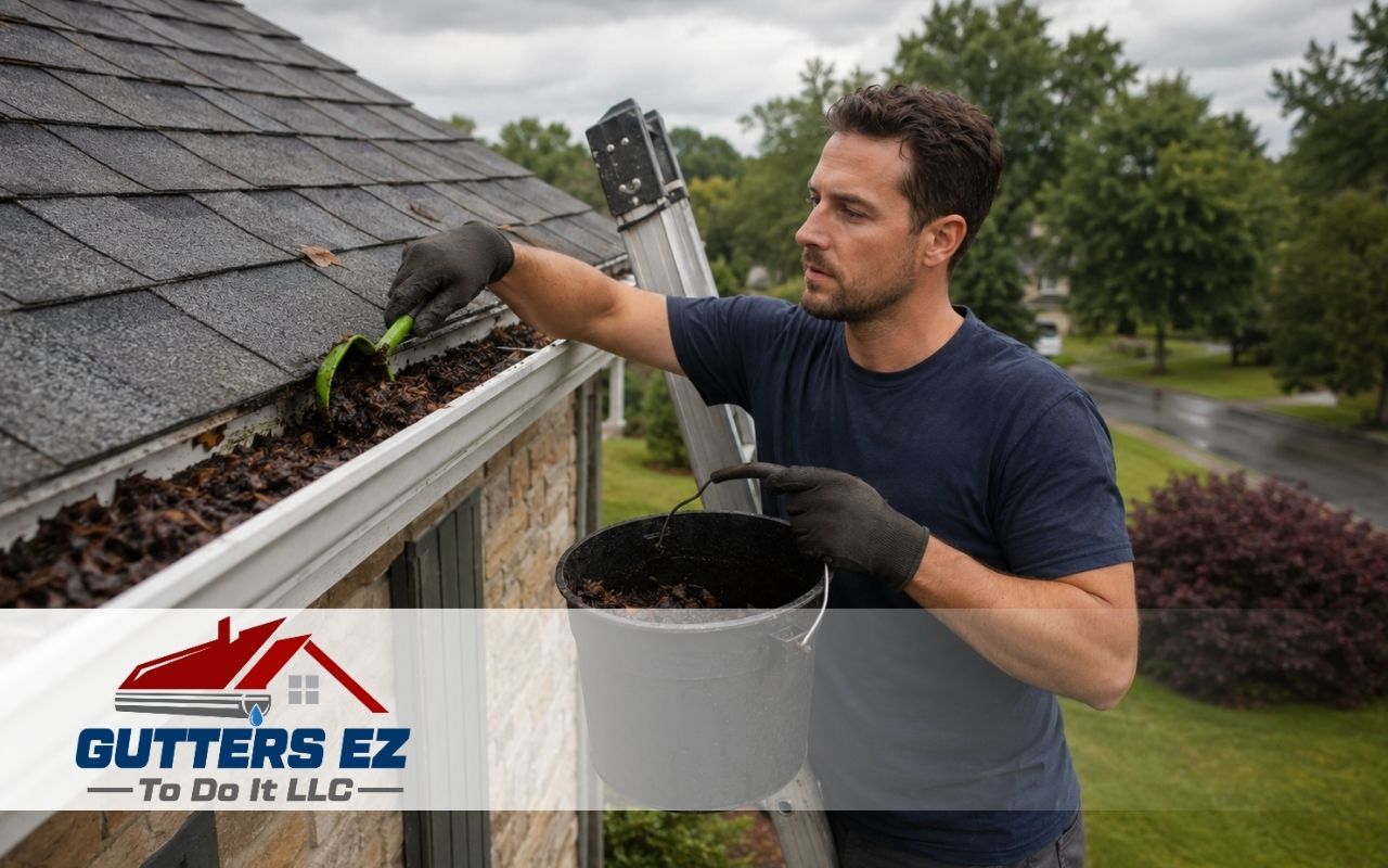 Technician cleaning gutters before summer rain in Telford PA
