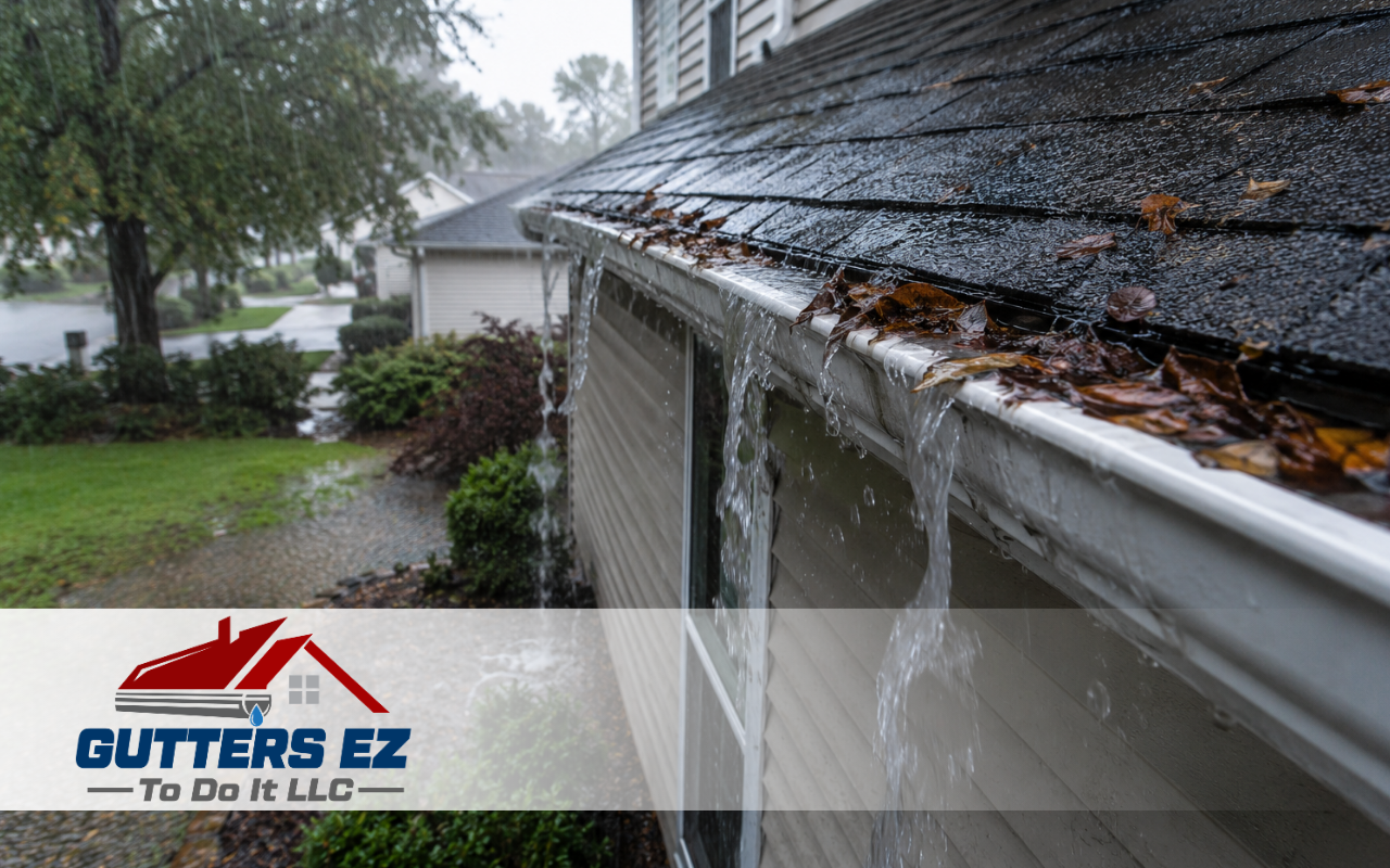 Gutter overflow causes heavy rain runoff near a home
