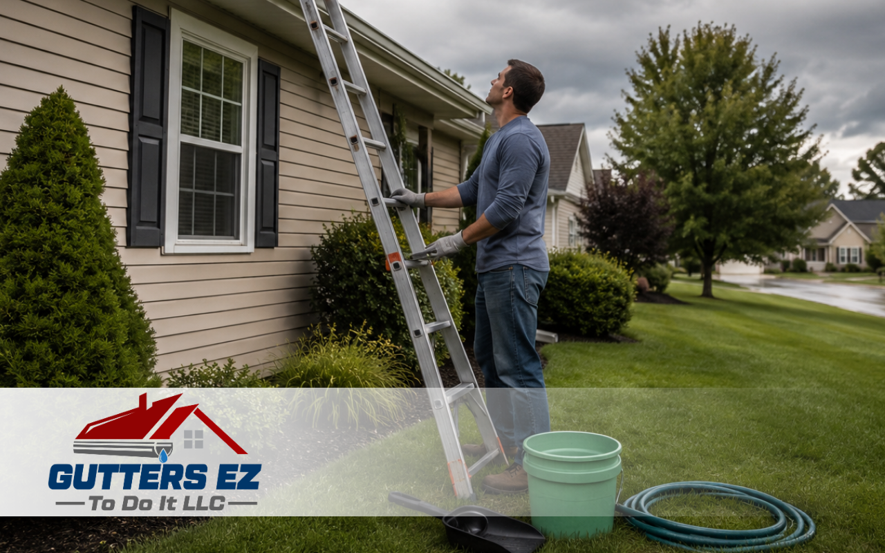 Homeowner preparing to clean gutters before heavy rain