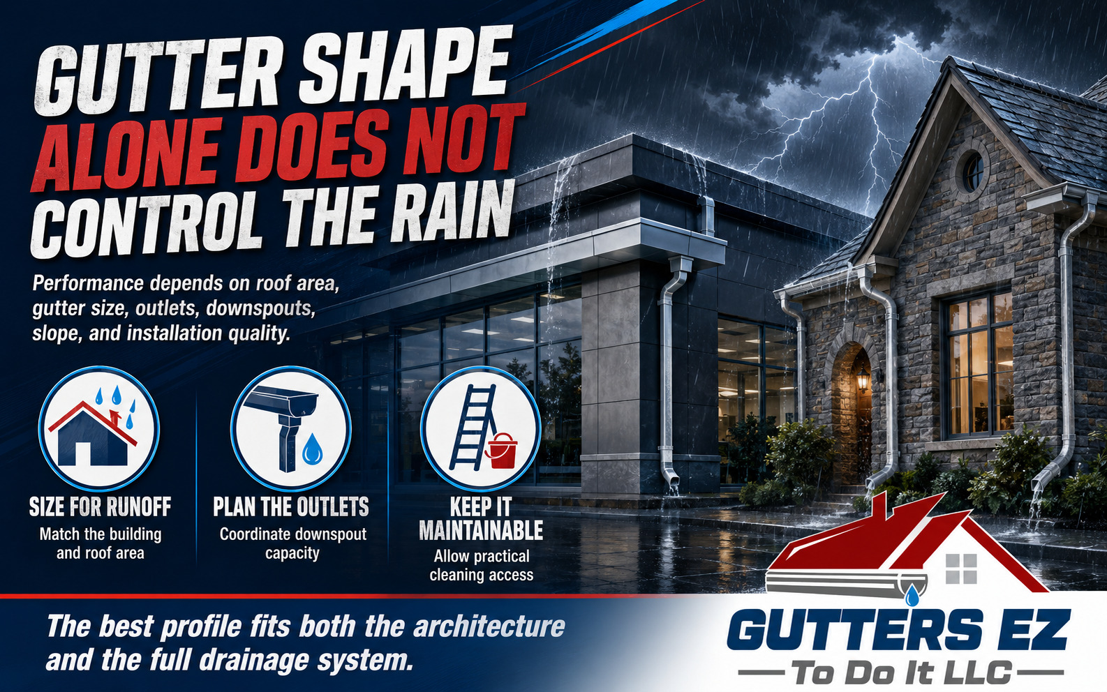 Infographic explaining how roof area, gutter size, outlets, downspouts, and maintenance affect rainwater drainage.