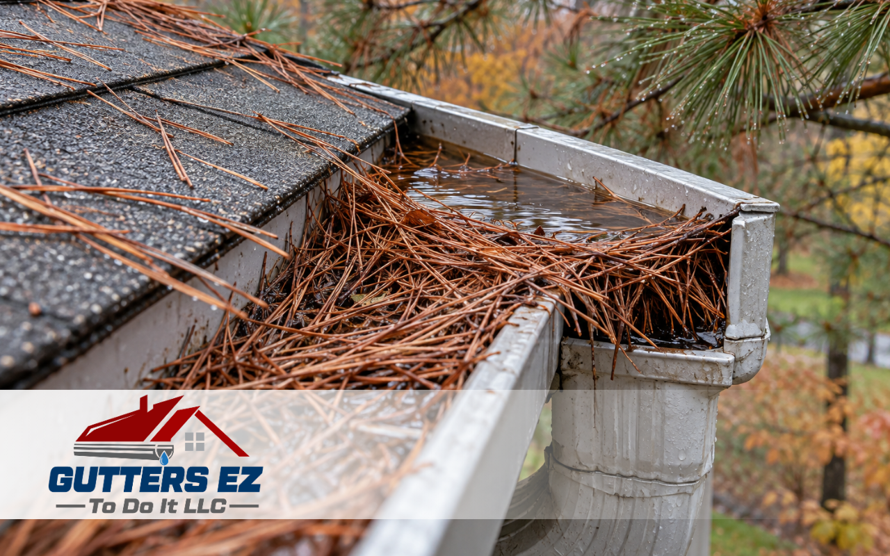 Pine needles clogging gutters during heavy autumn needle drop